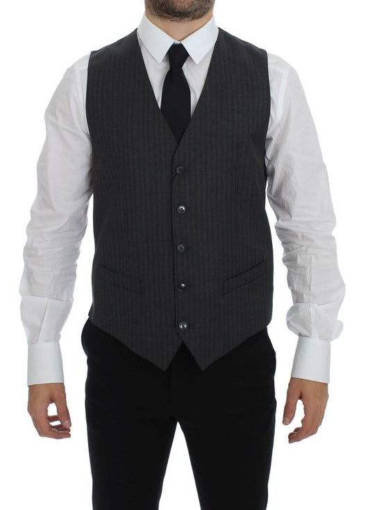 Dolce & Gabbana Gray Striped Wool Single Breasted Men's Vest