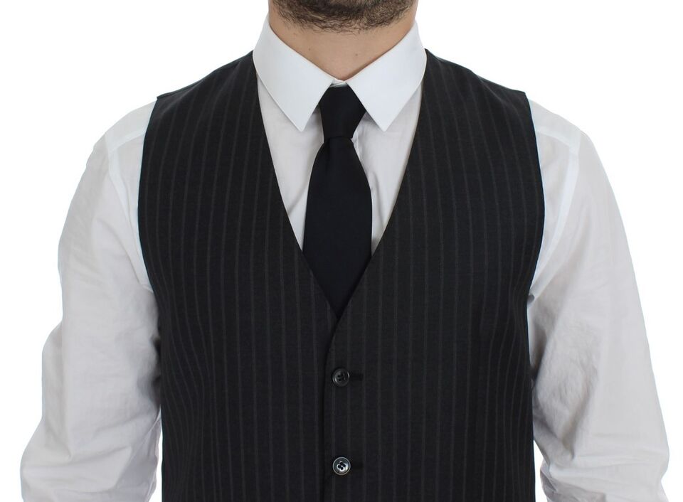 Dolce & Gabbana Gray Striped Wool Logo Vest Gilet Men's Weste