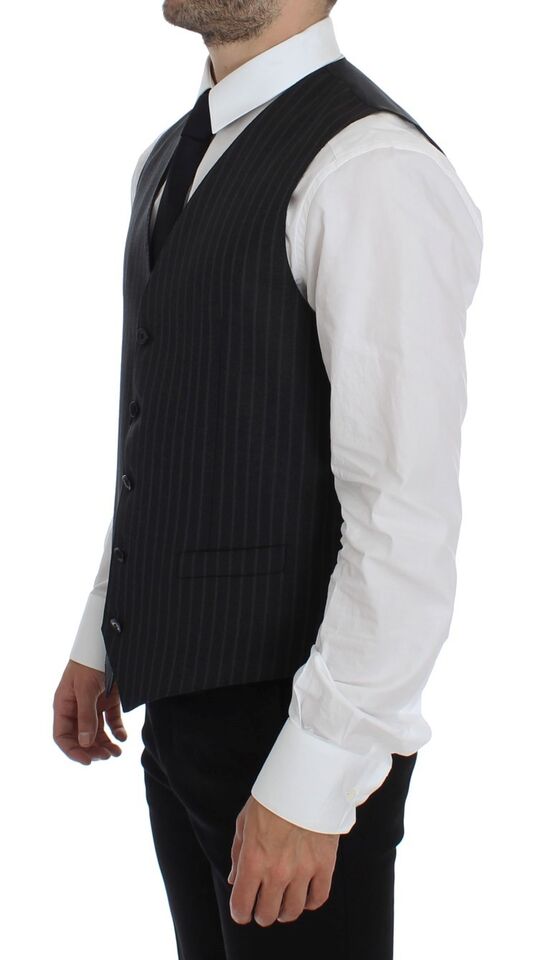 Dolce & Gabbana Gray Striped Wool Logo Vest Gilet Men's Weste