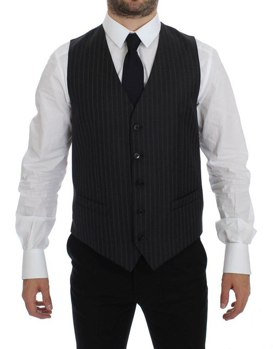 Dolce & Gabbana Gray Striped Wool Logo Vest Gilet Men's Weste