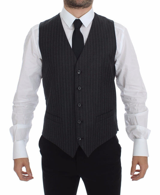 Dolce & Gabbana Gray Striped Wool Logo Vest Gilet Men's Weste