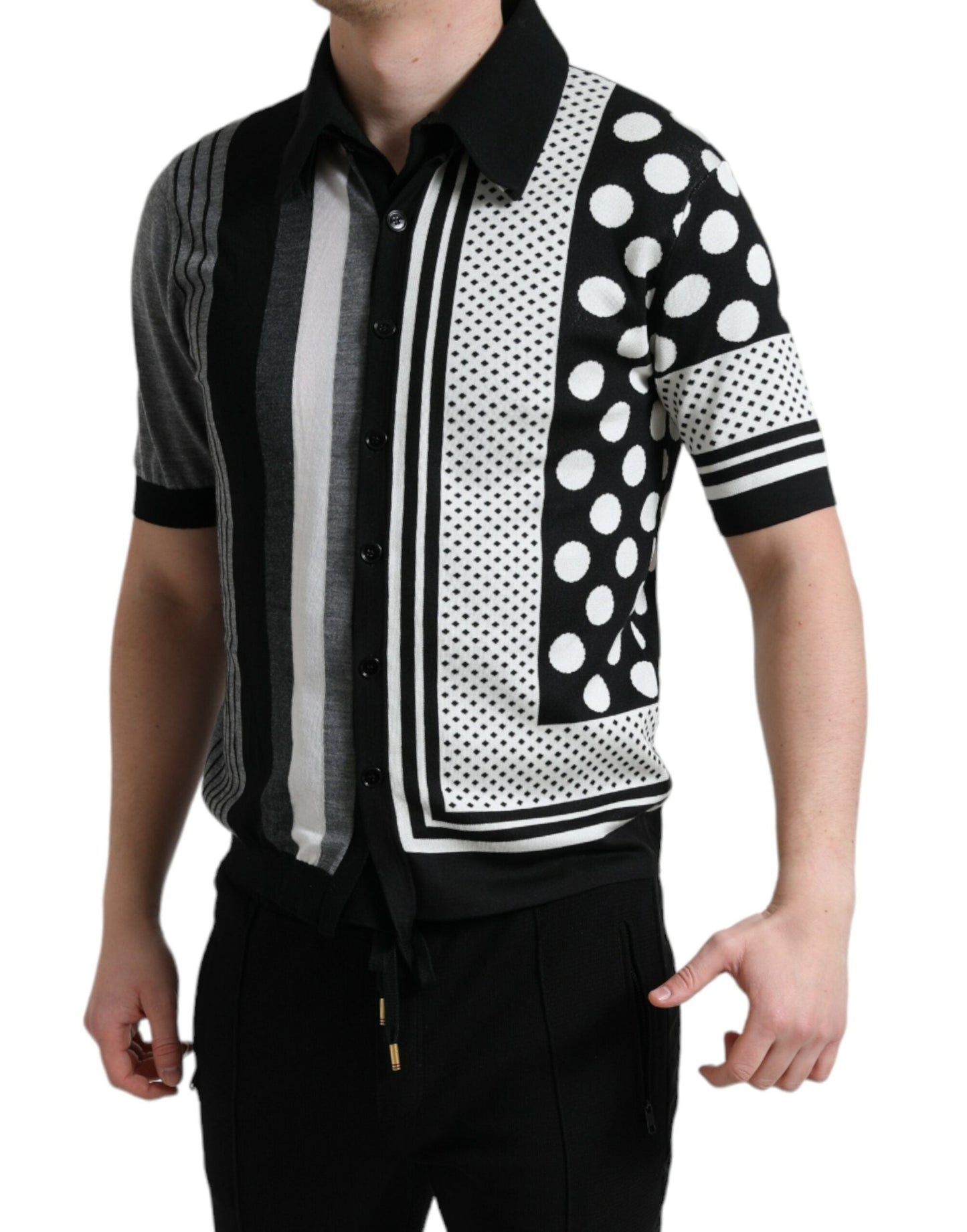 Dolce & Gabbana Black White Jumper Cardigan Polo Men's Sweater