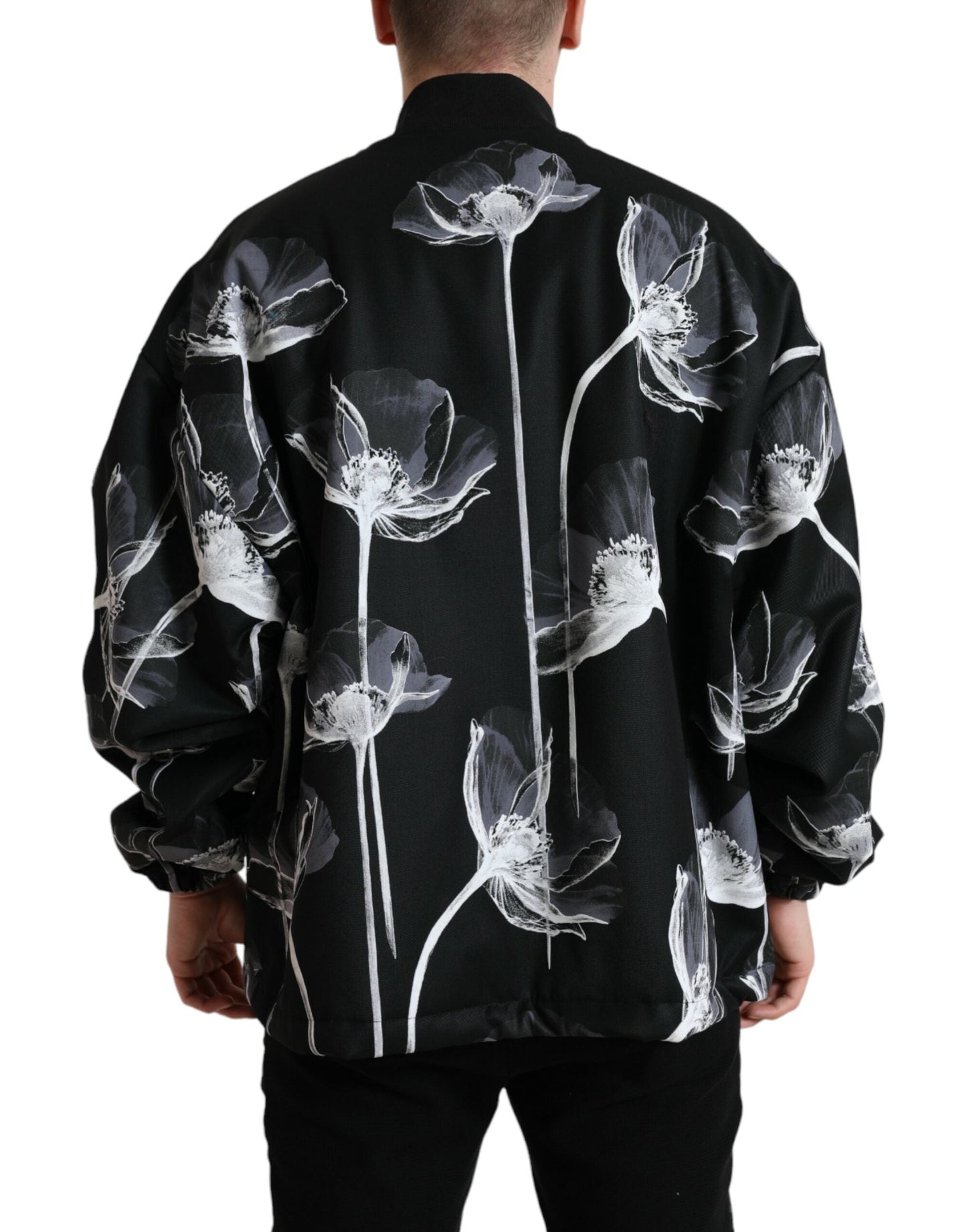 Dolce & Gabbana Black Floral Print Wool Button Down Bomber Men's Jacket