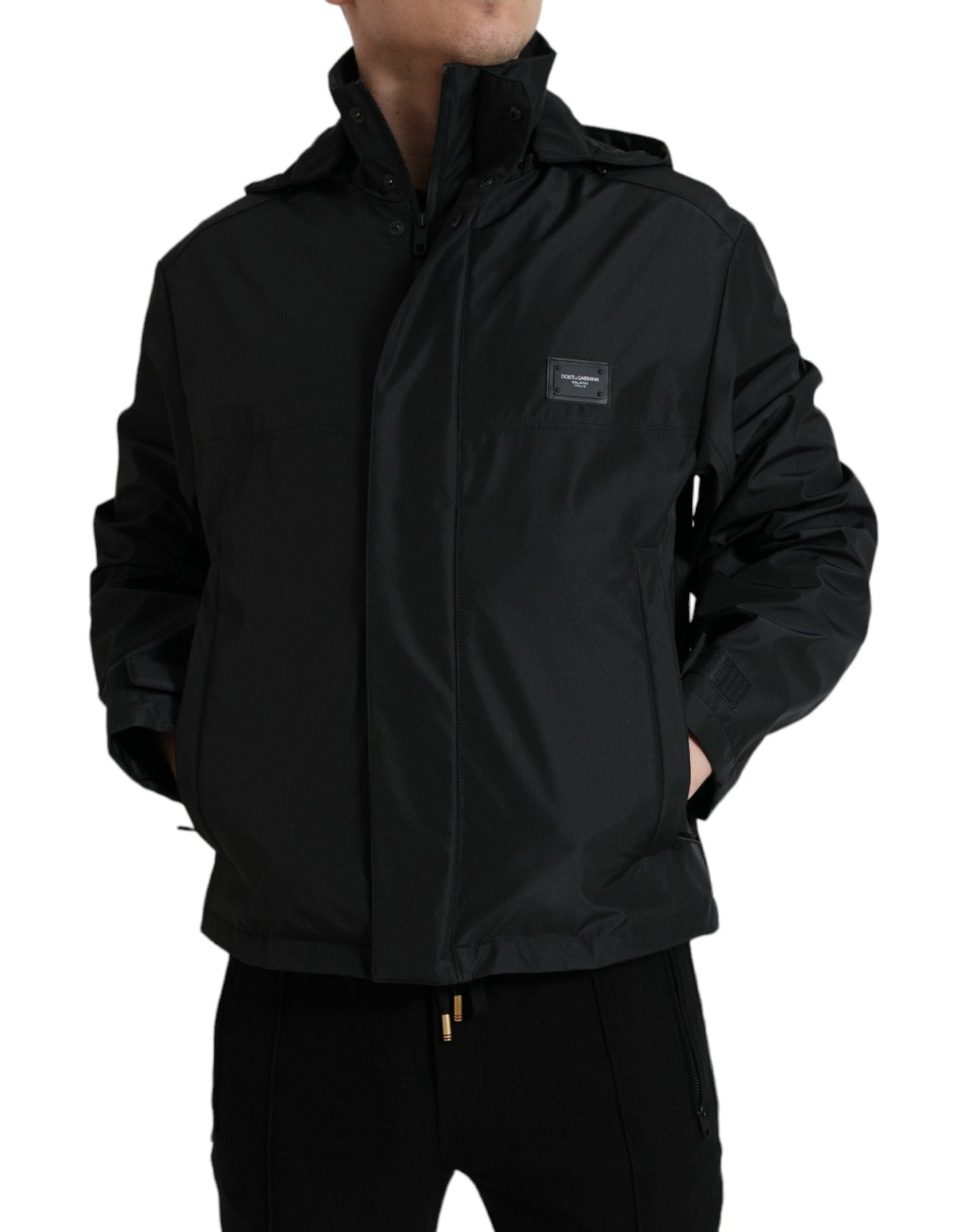 Dolce & Gabbana Black Polyester Logo Plaque Hooded Men's Jacket