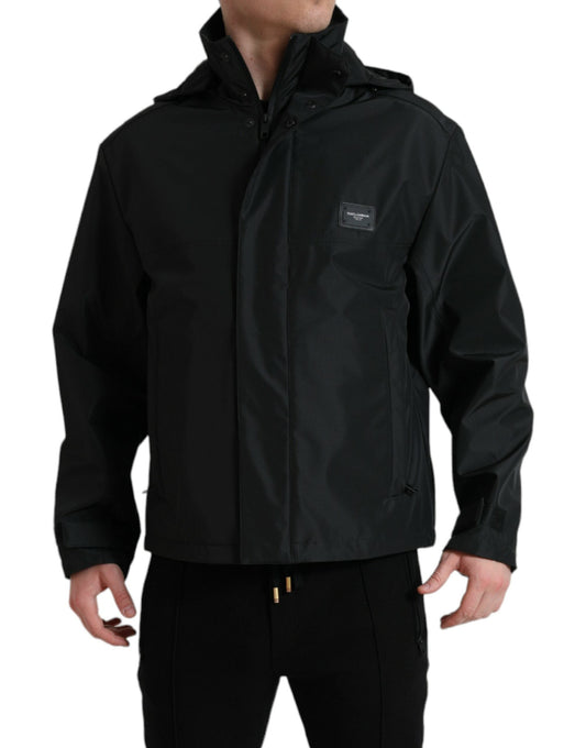 Dolce & Gabbana Black Polyester Logo Plaque Hooded Men's Jacket