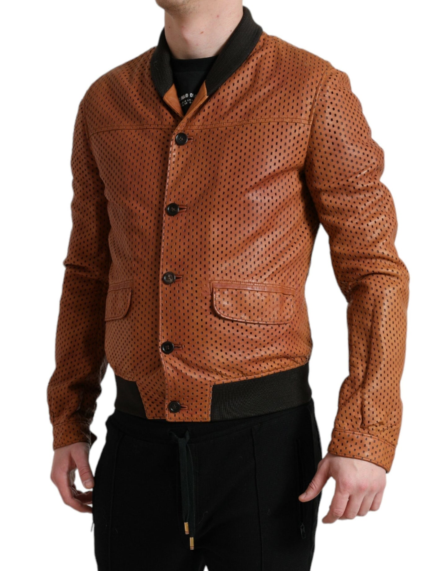 Dolce & Gabbana Brown Lambskin Leather Perforated Men's Jacket