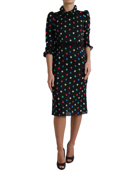 Dolce & Gabbana Black Polka Dot Ruffle Cotton Midi Women's Dress