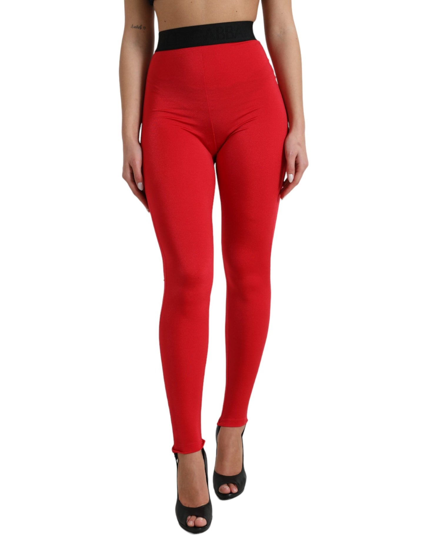Dolce & Gabbana Red Nylon DG Logo Slim Leggings Women's Pants