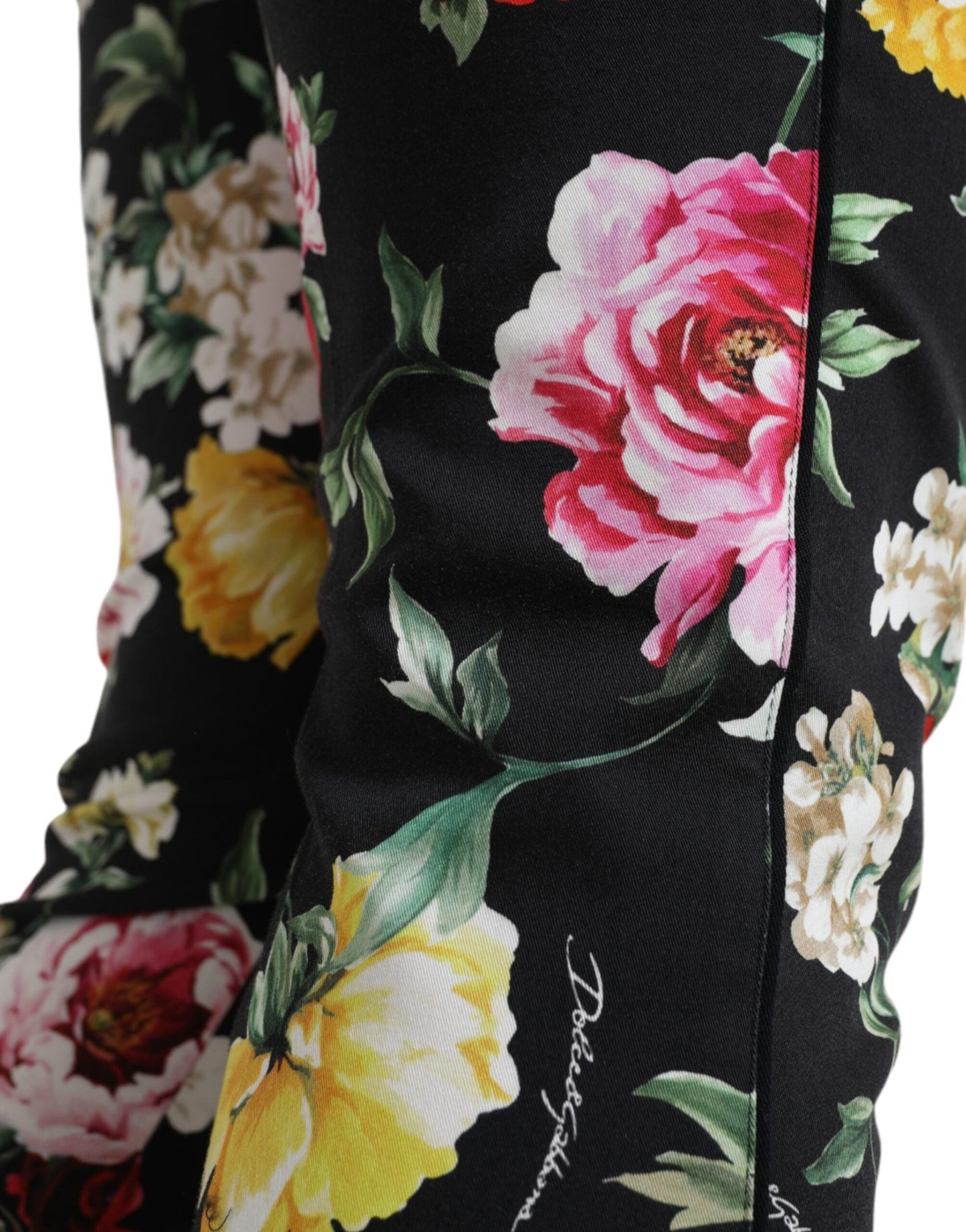 Dolce & Gabbana Black Floral Print Mid Waist Cropped Women's Pants