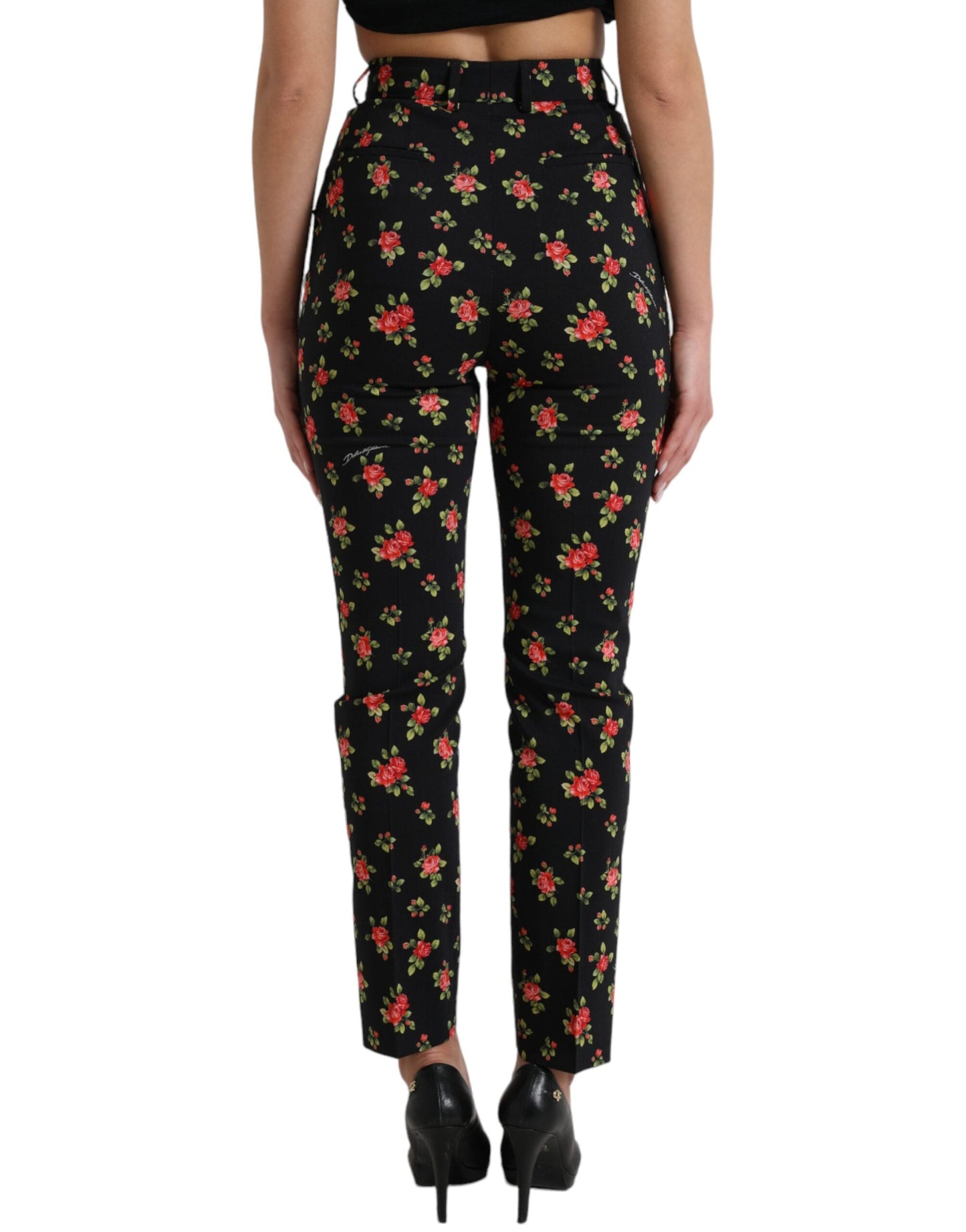 Dolce & Gabbana Black Floral Wool High Waist Tapered Women's Pants
