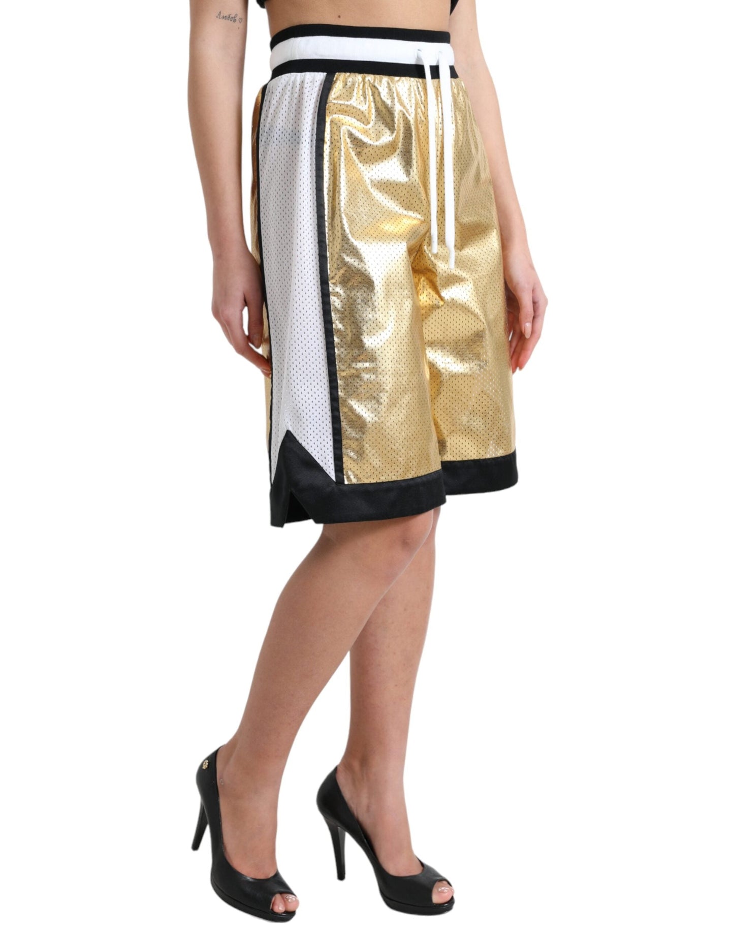 Dolce & Gabbana Gold Polyester Perforated High Waist Women's Shorts