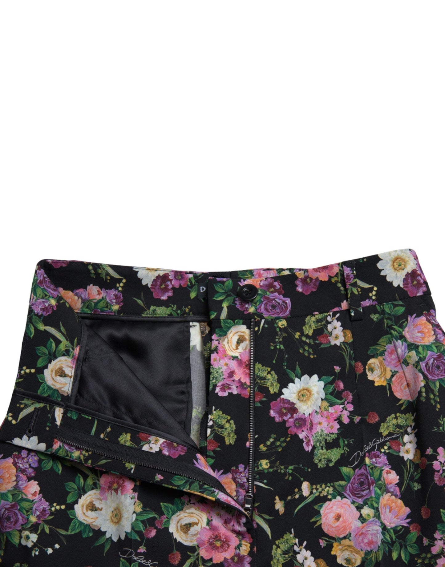 Dolce & Gabbana Black Floral Wool High Waist Wide Leg Women's Pants
