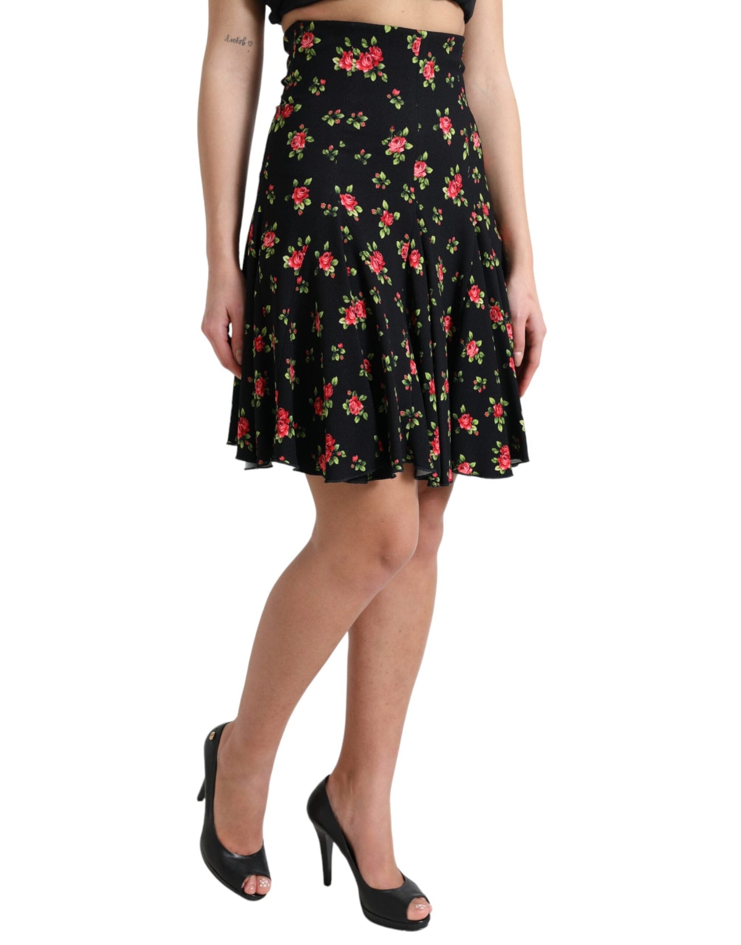 Dolce & Gabbana Black Rose Print High Waist A-line Mini Women's Skirt