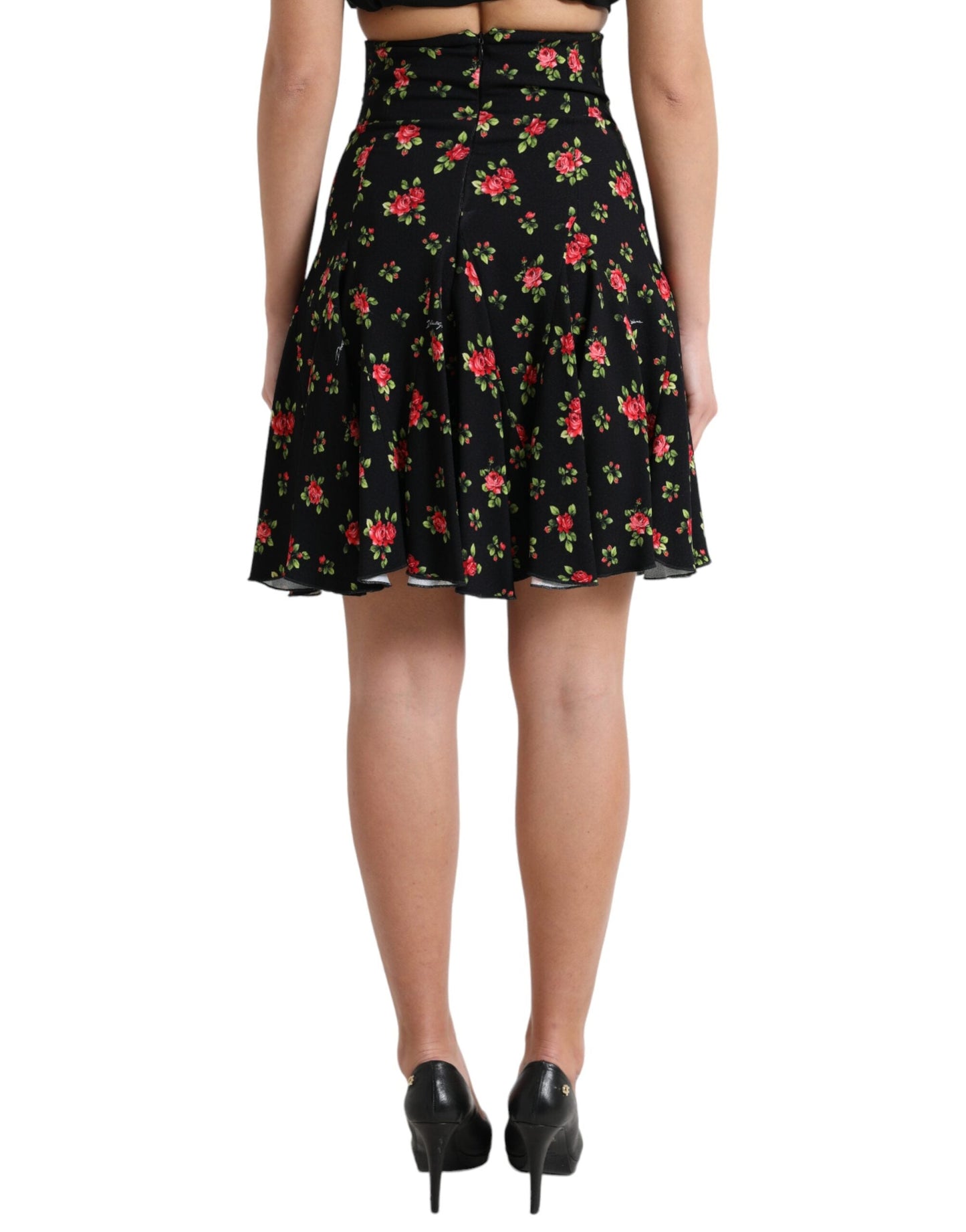 Dolce & Gabbana Black Rose Print High Waist A-line Mini Women's Skirt