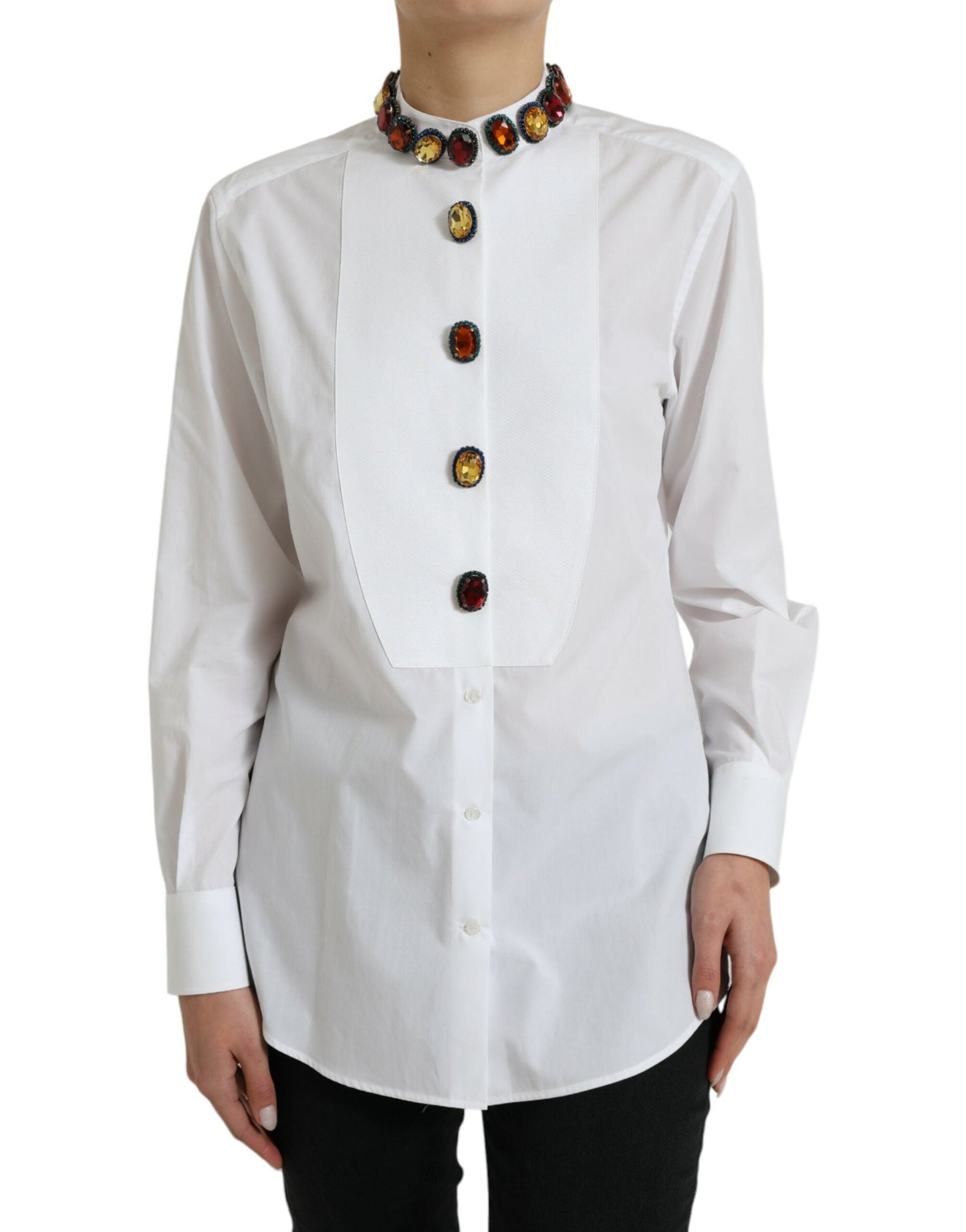 Dolce & Gabbana White Cotton Crystals Embellished Shirt Women's Top