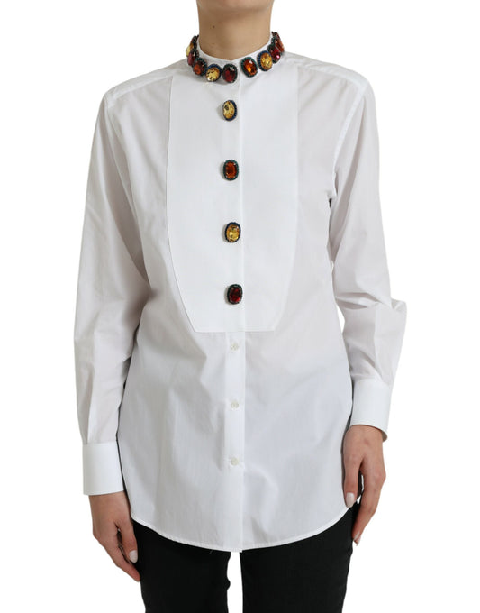 Dolce & Gabbana White Cotton Crystals Embellished Shirt Women's Top