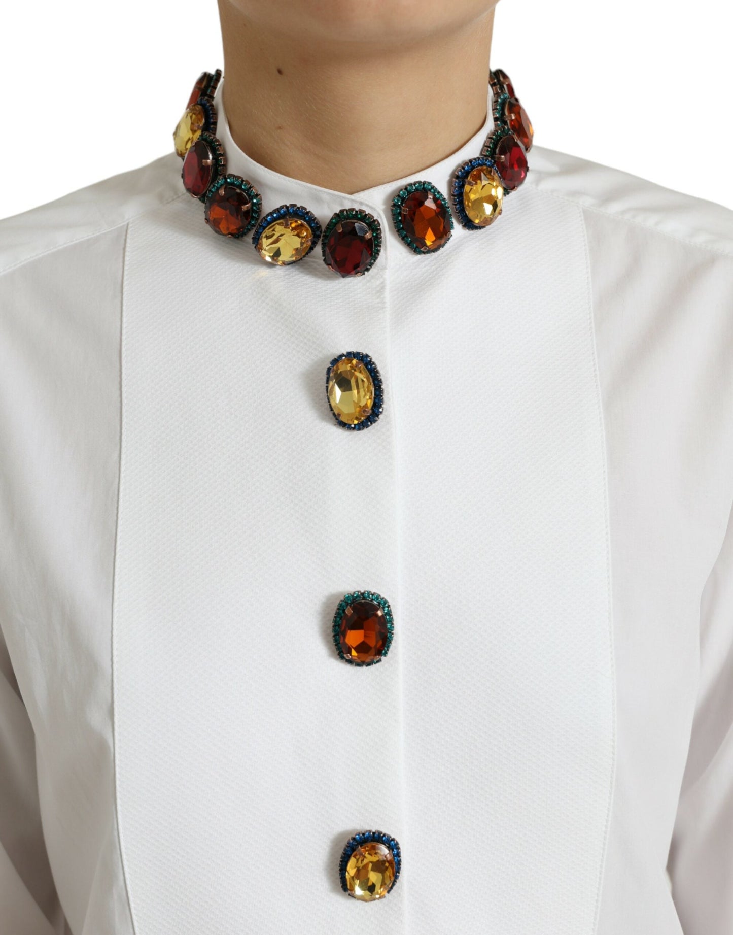 Dolce & Gabbana White Cotton Crystals Embellished Shirt Women's Top