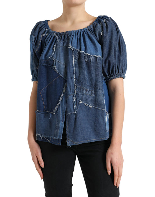 Dolce & Gabbana Blue Patchwork Short Sleeves Denim Blouse Women's Top