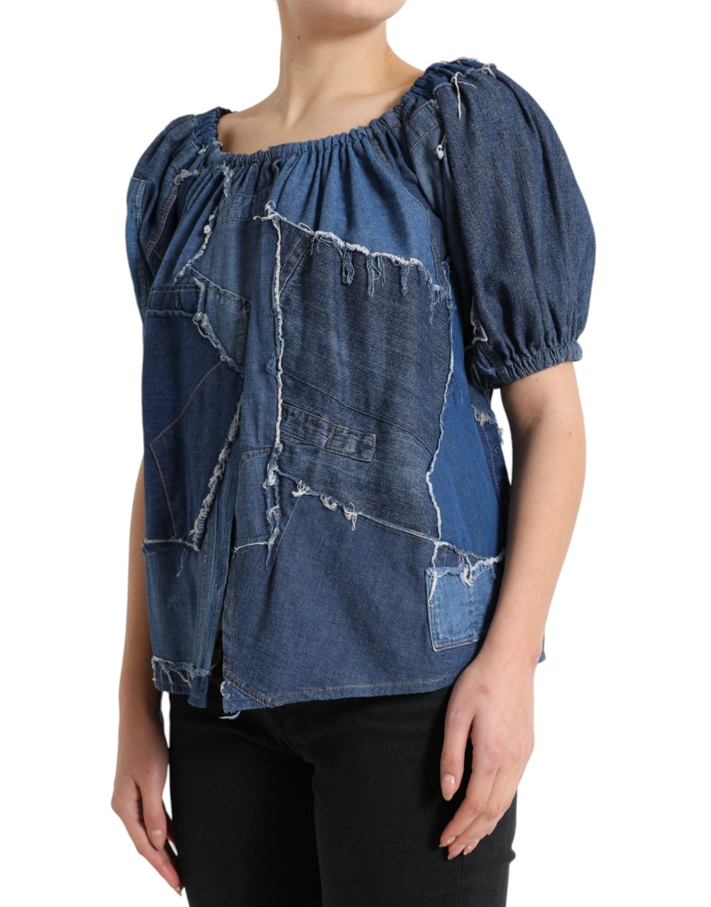 Dolce & Gabbana Blue Patchwork Short Sleeves Denim Blouse Women's Top