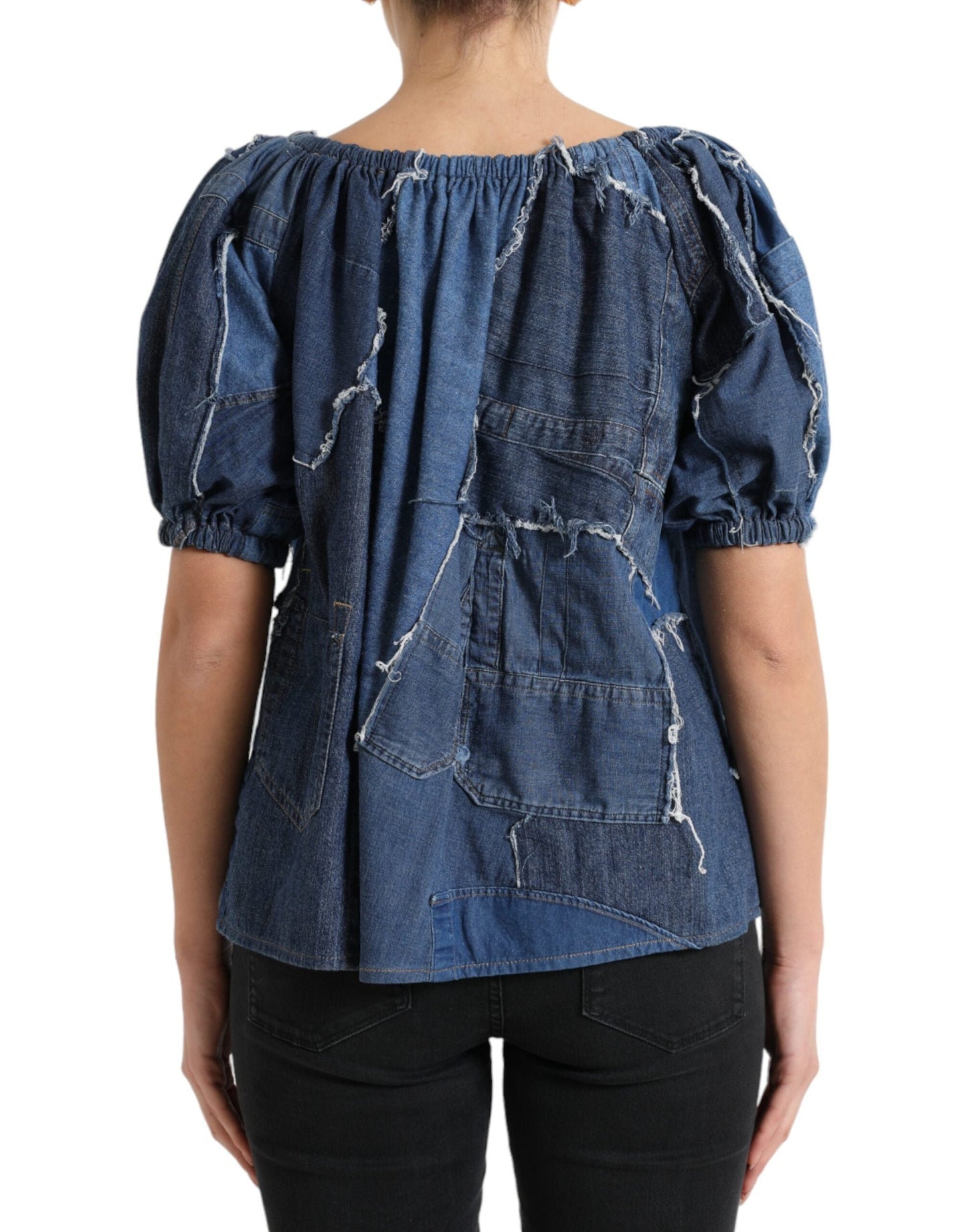 Dolce & Gabbana Blue Patchwork Short Sleeves Denim Blouse Women's Top
