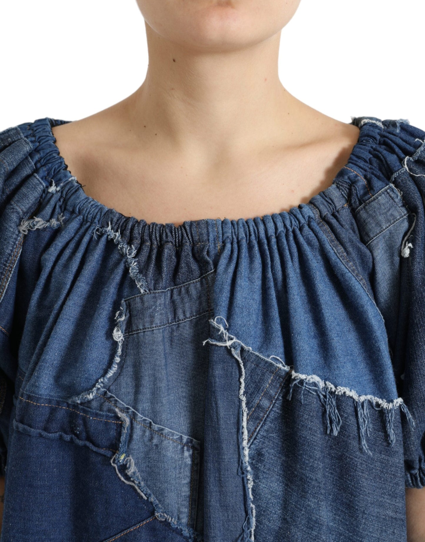 Dolce & Gabbana Blue Patchwork Short Sleeves Denim Blouse Women's Top