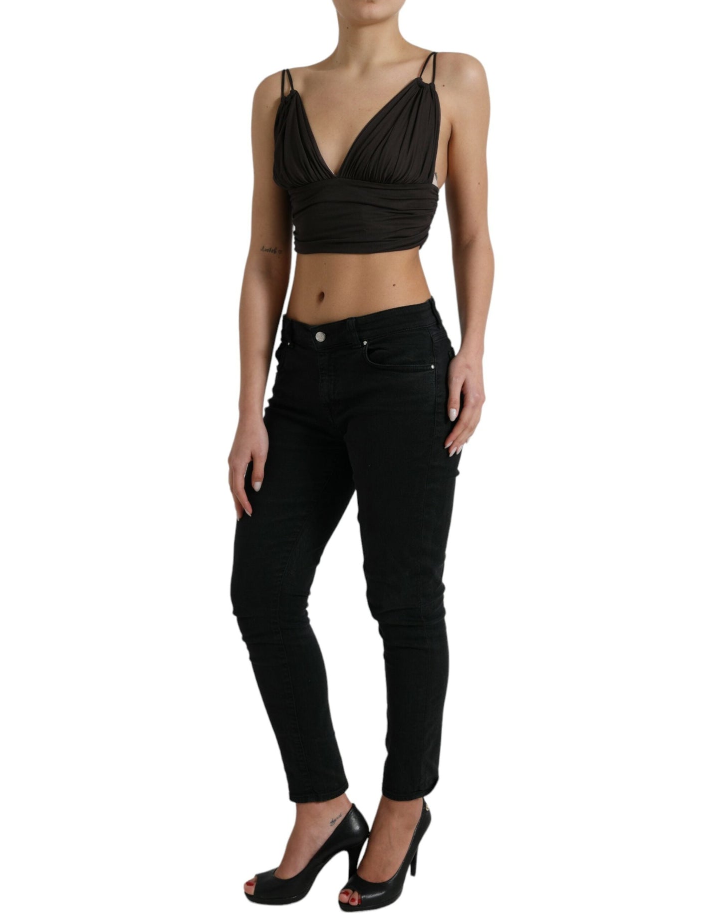 Dolce & Gabbana Brown Viscose Plunging V-neck Cropped Tank Women's Top