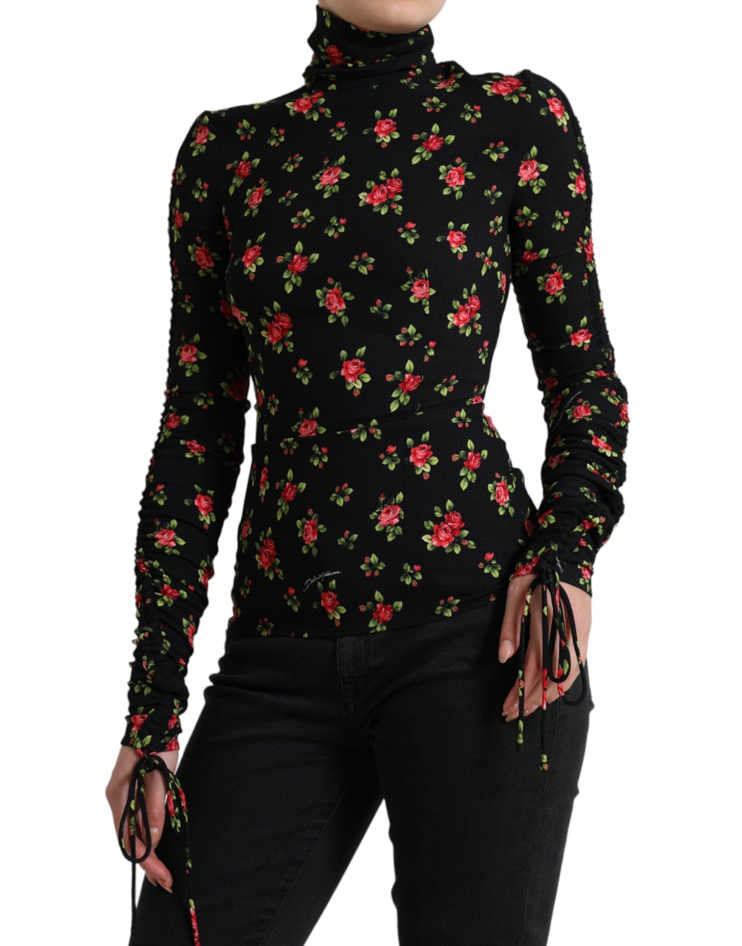 Dolce & Gabbana Black Rose Print Turtle Neck Blouse Women's Top