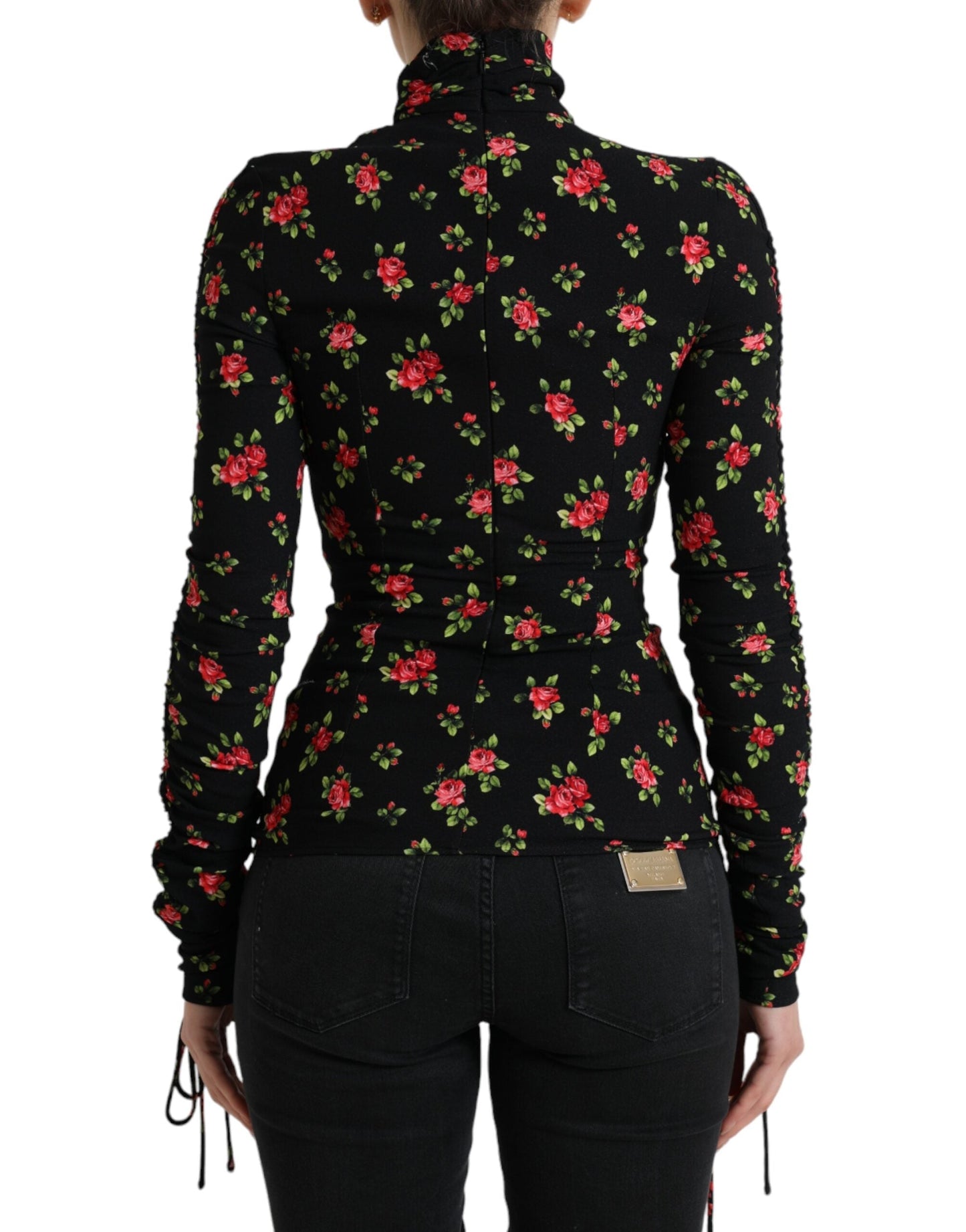 Dolce & Gabbana Black Rose Print Turtle Neck Blouse Women's Top