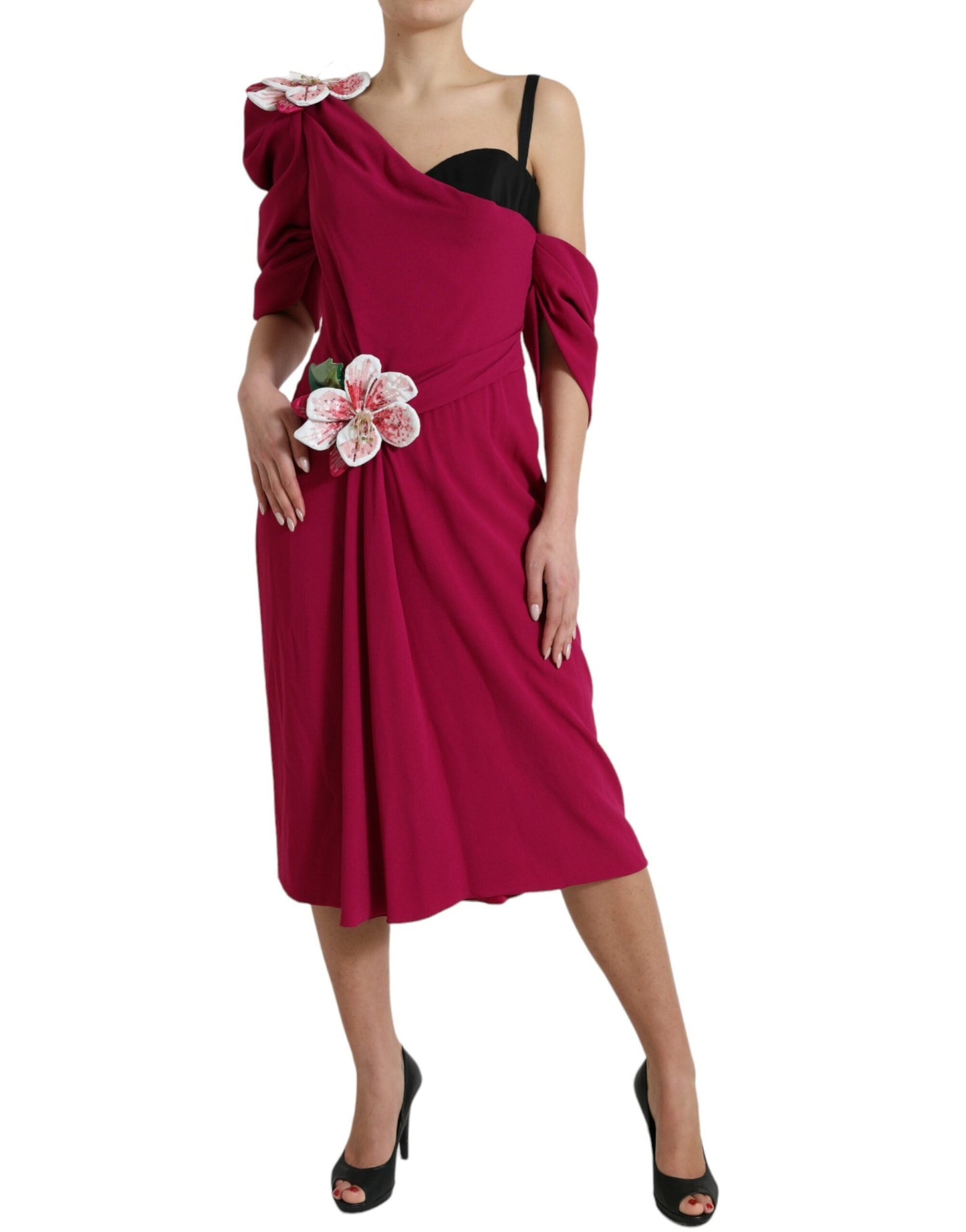 Dolce & Gabbana Purple Flower Embellished One Shoulder Women's Dress