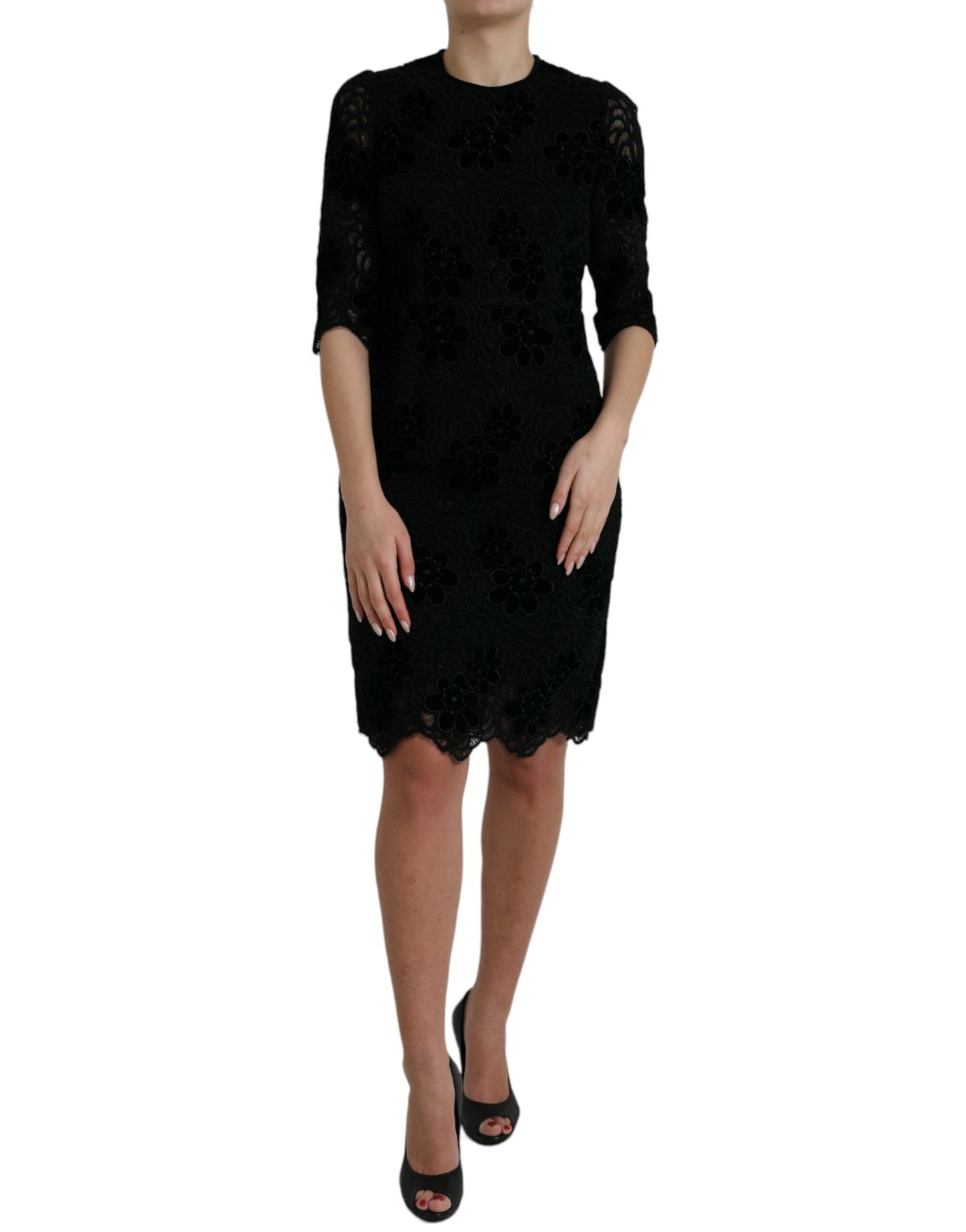 Dolce & Gabbana Black Floral Lace Cotton Bodycon Women's Dress