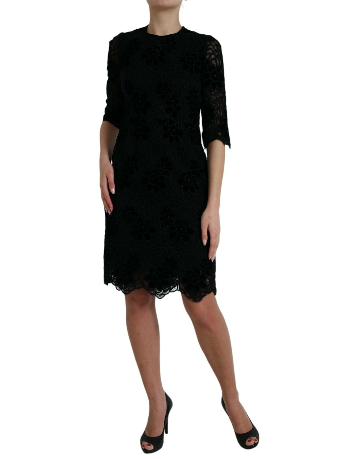 Dolce & Gabbana Black Floral Lace Cotton Bodycon Women's Dress