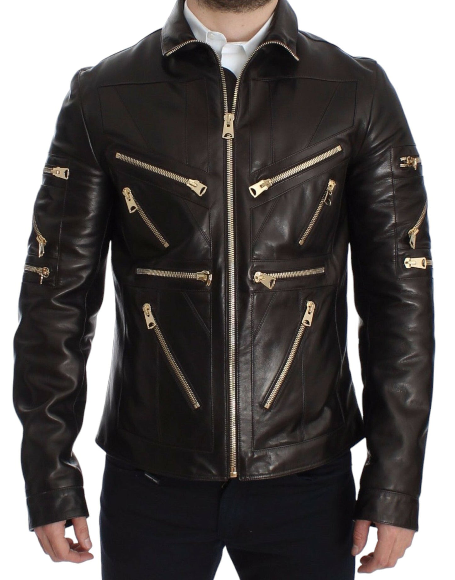 Dolce & Gabbana Brown Lambskin Leather Zipper Men's Jacket