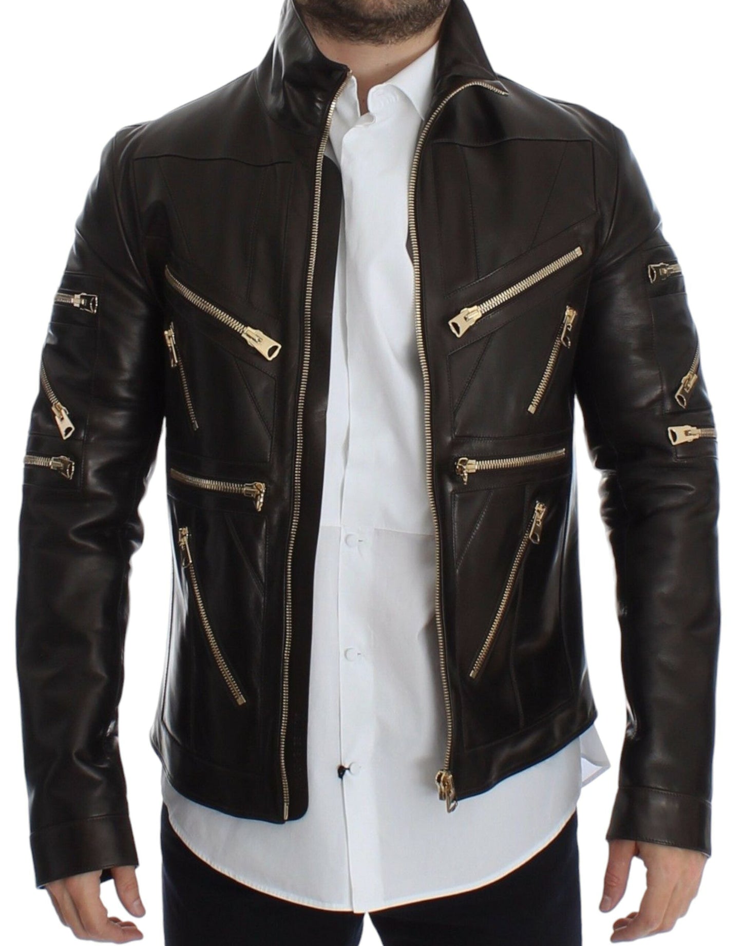 Dolce & Gabbana Brown Lambskin Leather Zipper Men's Jacket
