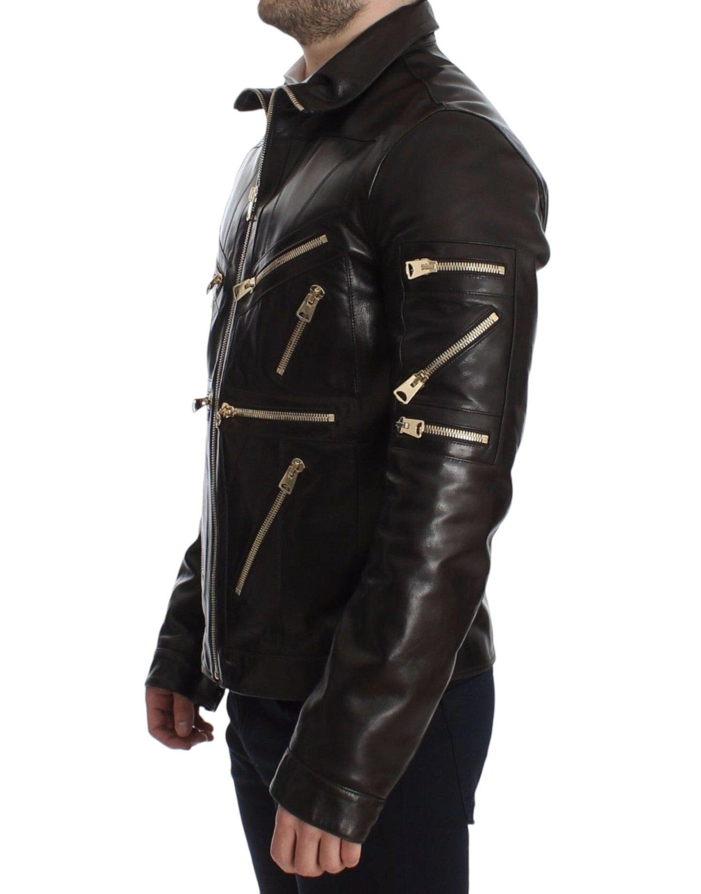Dolce & Gabbana Brown Lambskin Leather Zipper Men's Jacket