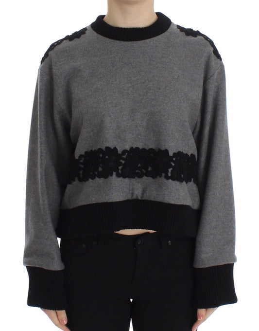 Dolce & Gabbana Gray Black Lace Wool Cashmere Women's Sweater
