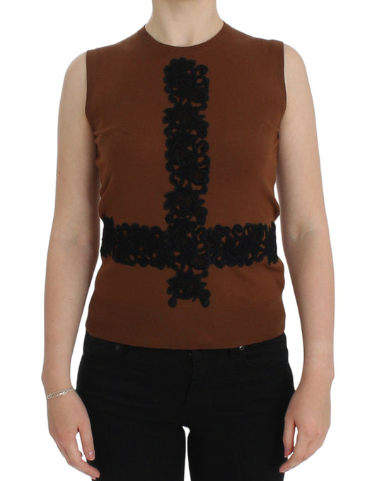 Dolce & Gabbana Brown Wool Black Lace Vest Sweater Women's Top