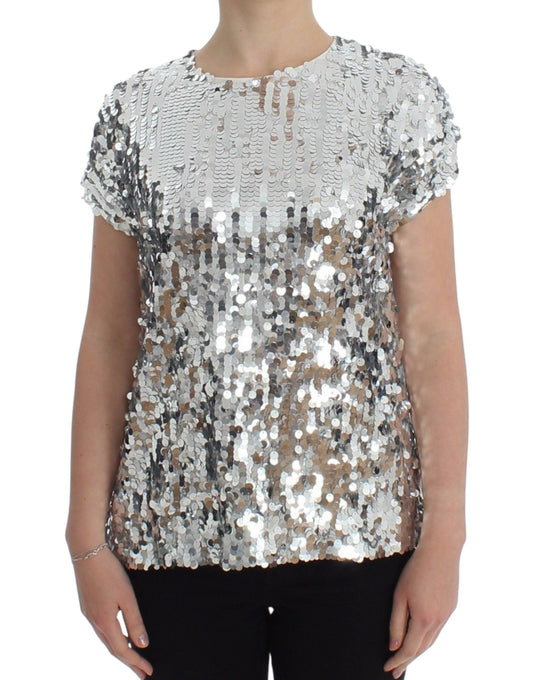 Dolce & Gabbana Silver Sequined Crewneck Blouse T-shirt Women's Top