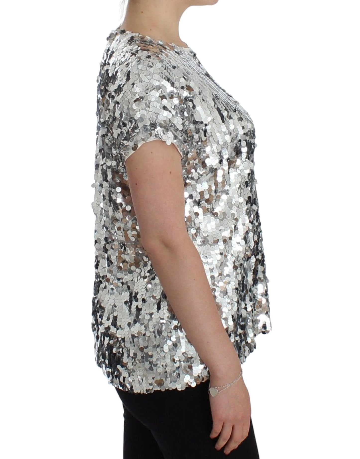 Dolce & Gabbana Silver Sequined Crewneck Blouse T-shirt Women's Top