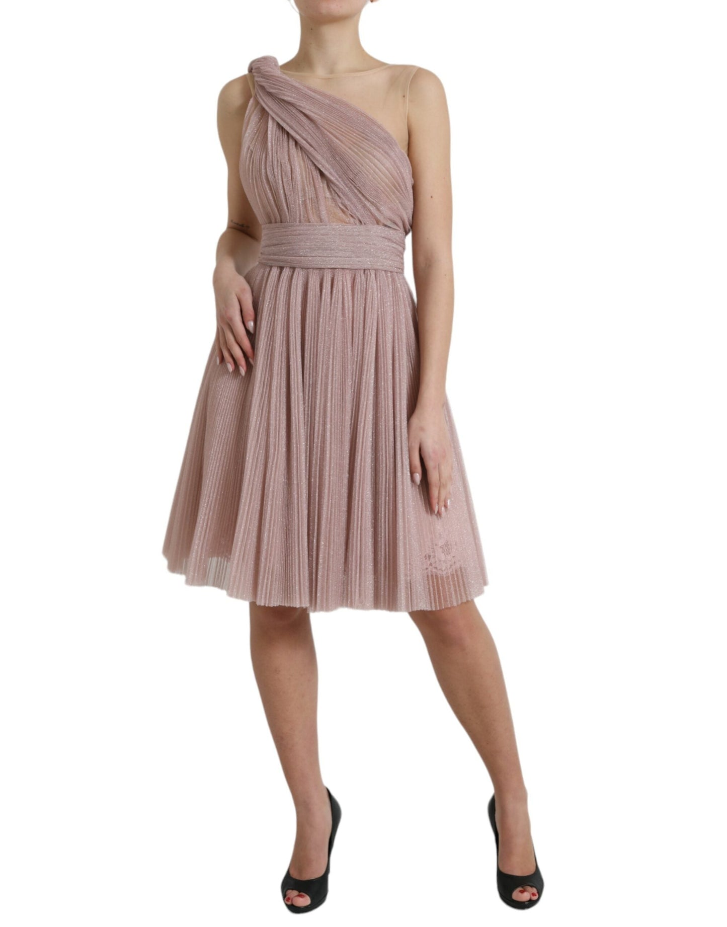 Dolce & Gabbana Pink One Shoulder Pleated Lame Tulle Women's Dress