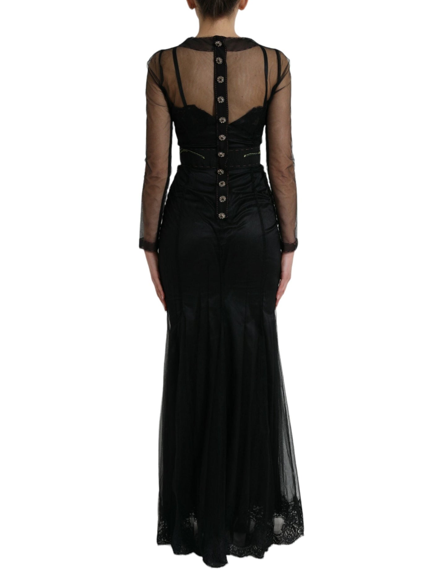 Dolce & Gabbana Black Floral Embroidery Mesh Tulle Gown Women's Dress