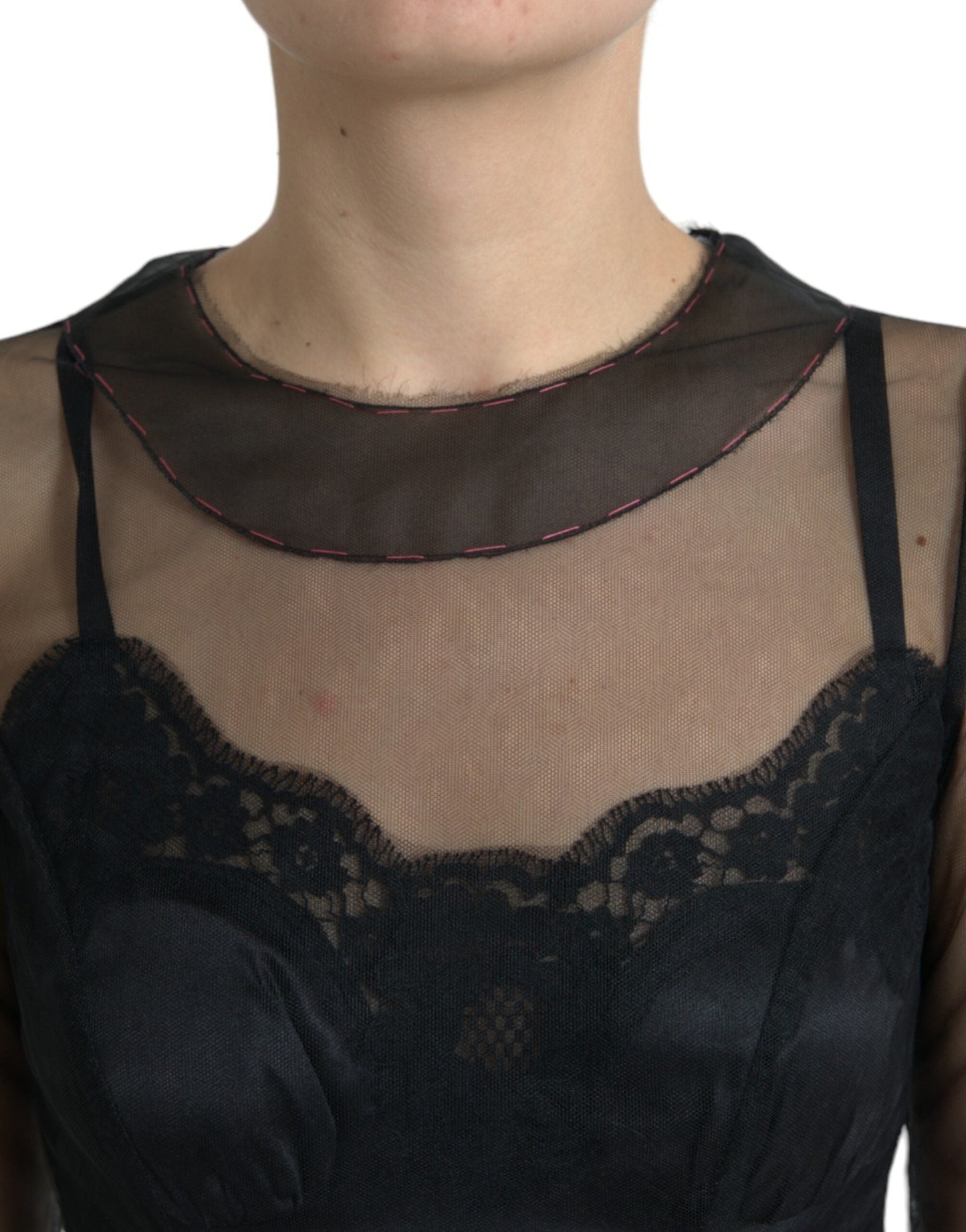 Dolce & Gabbana Black Floral Embroidery Mesh Tulle Gown Women's Dress