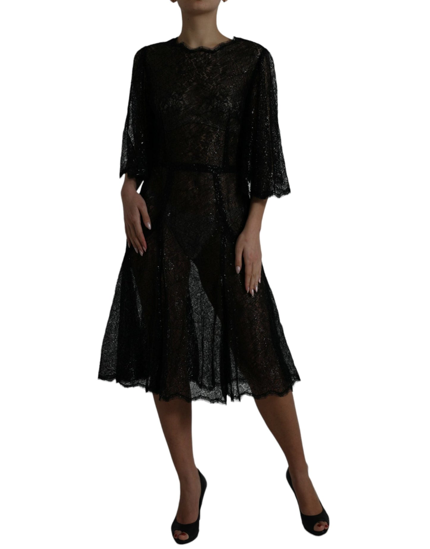 Dolce & Gabbana Black Floral Lace Sheer A-line Midi Women's Dress