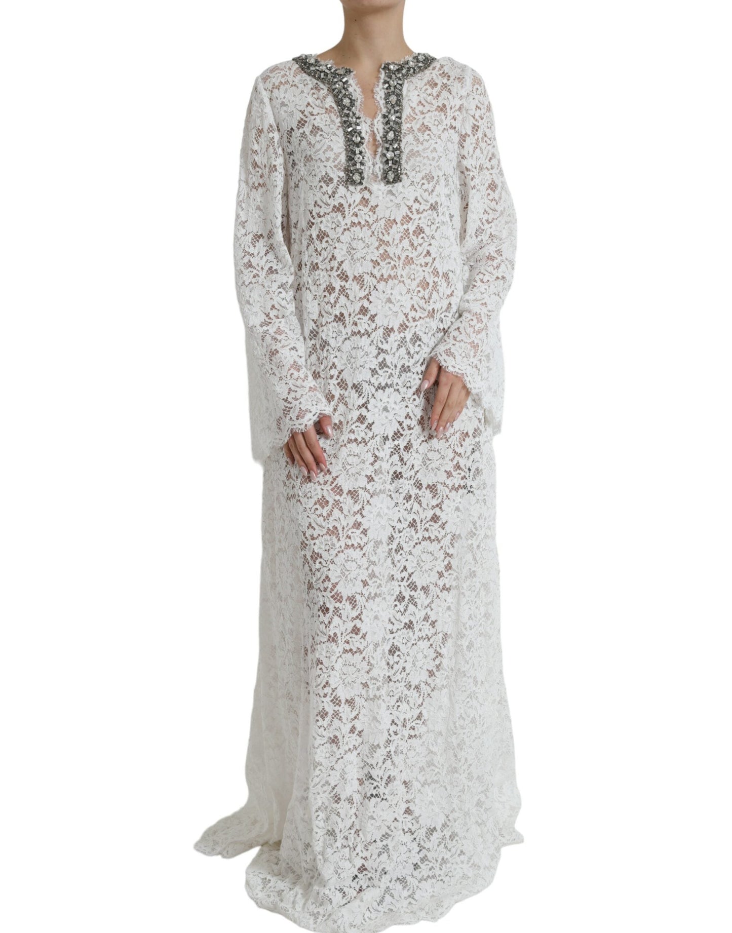 Dolce & Gabbana White Lace Crystal Embellished Shift Women's Dress