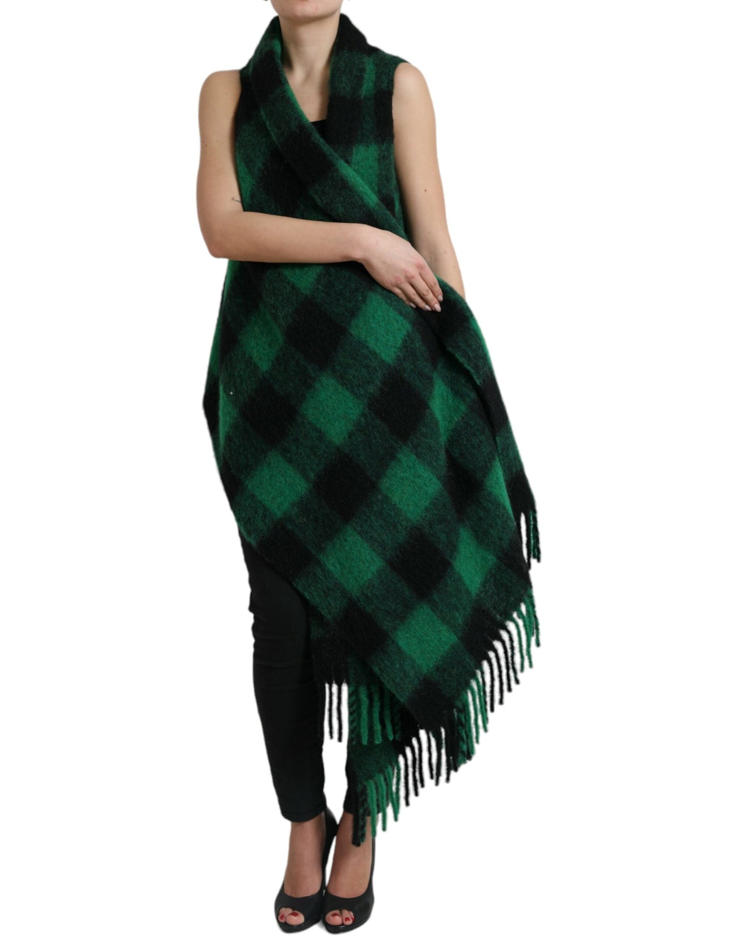 Dolce & Gabbana Black Green Buffalo Check Poncho Coat Women's Jacket