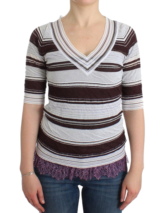Ermanno Scervino Striped Lace V-Neck Short Sleeve Top Women's Sweater
