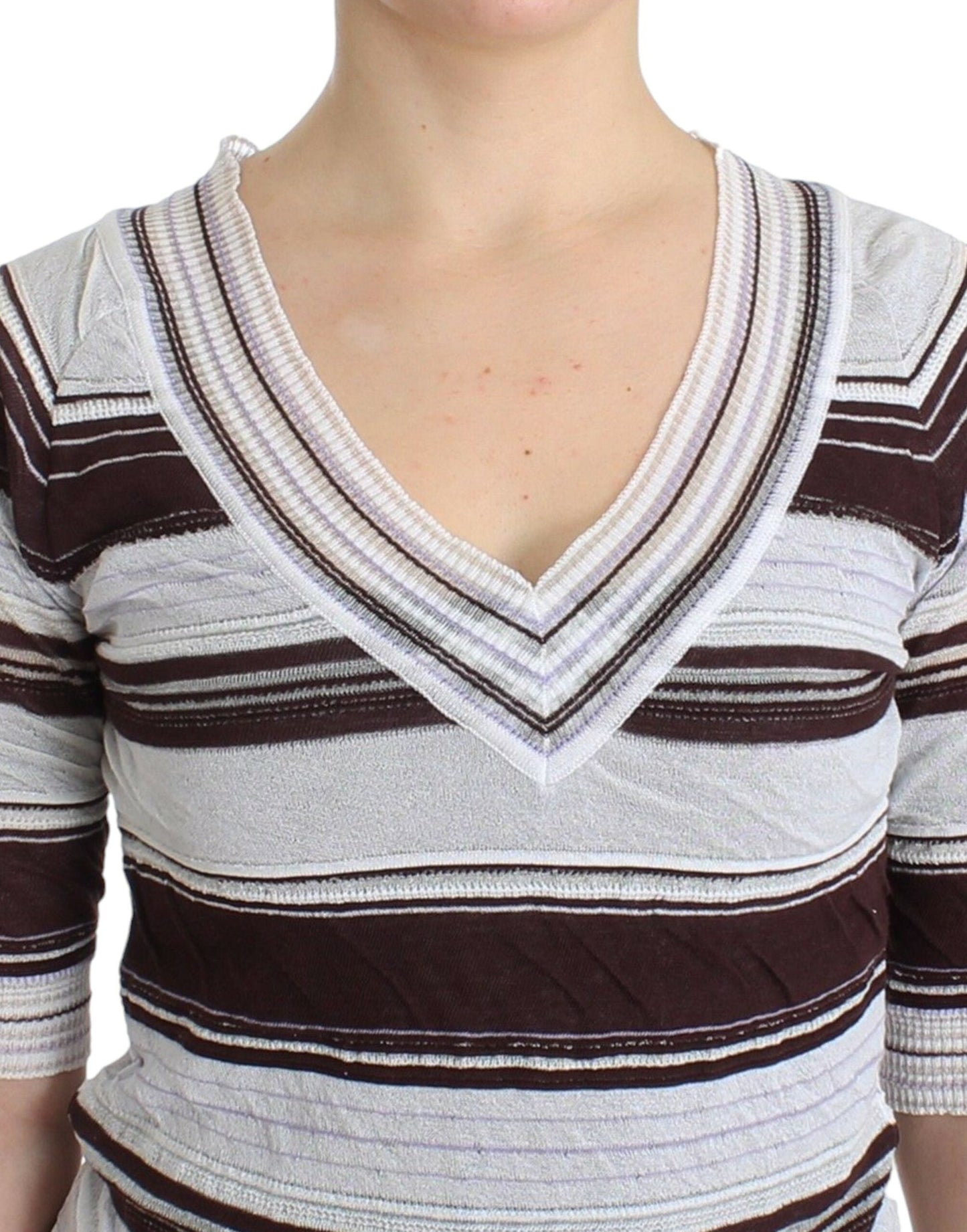 Ermanno Scervino Striped Lace V-Neck Short Sleeve Top Women's Sweater