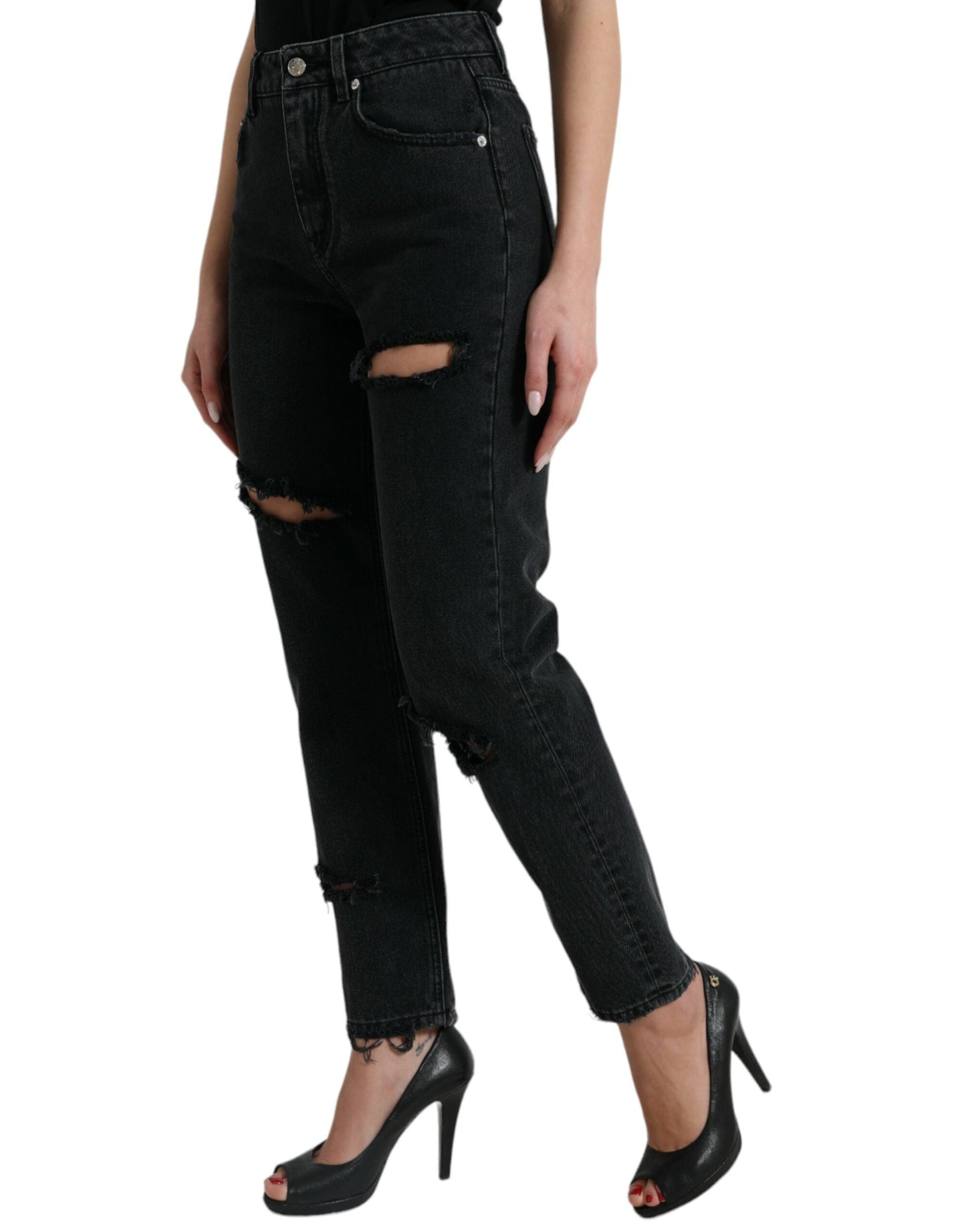 Dolce & Gabbana Black Cotton High Waist Tattered Denim Women's Jeans
