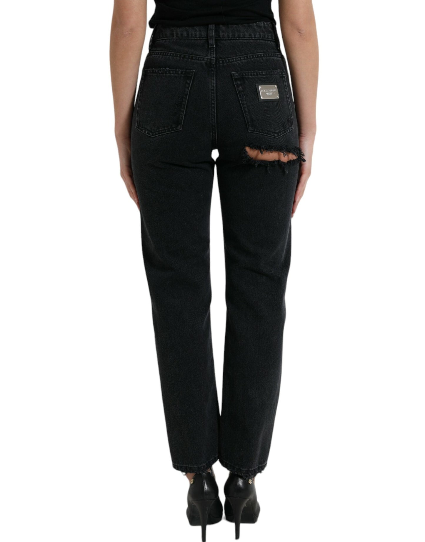 Dolce & Gabbana Black Cotton High Waist Tattered Denim Women's Jeans