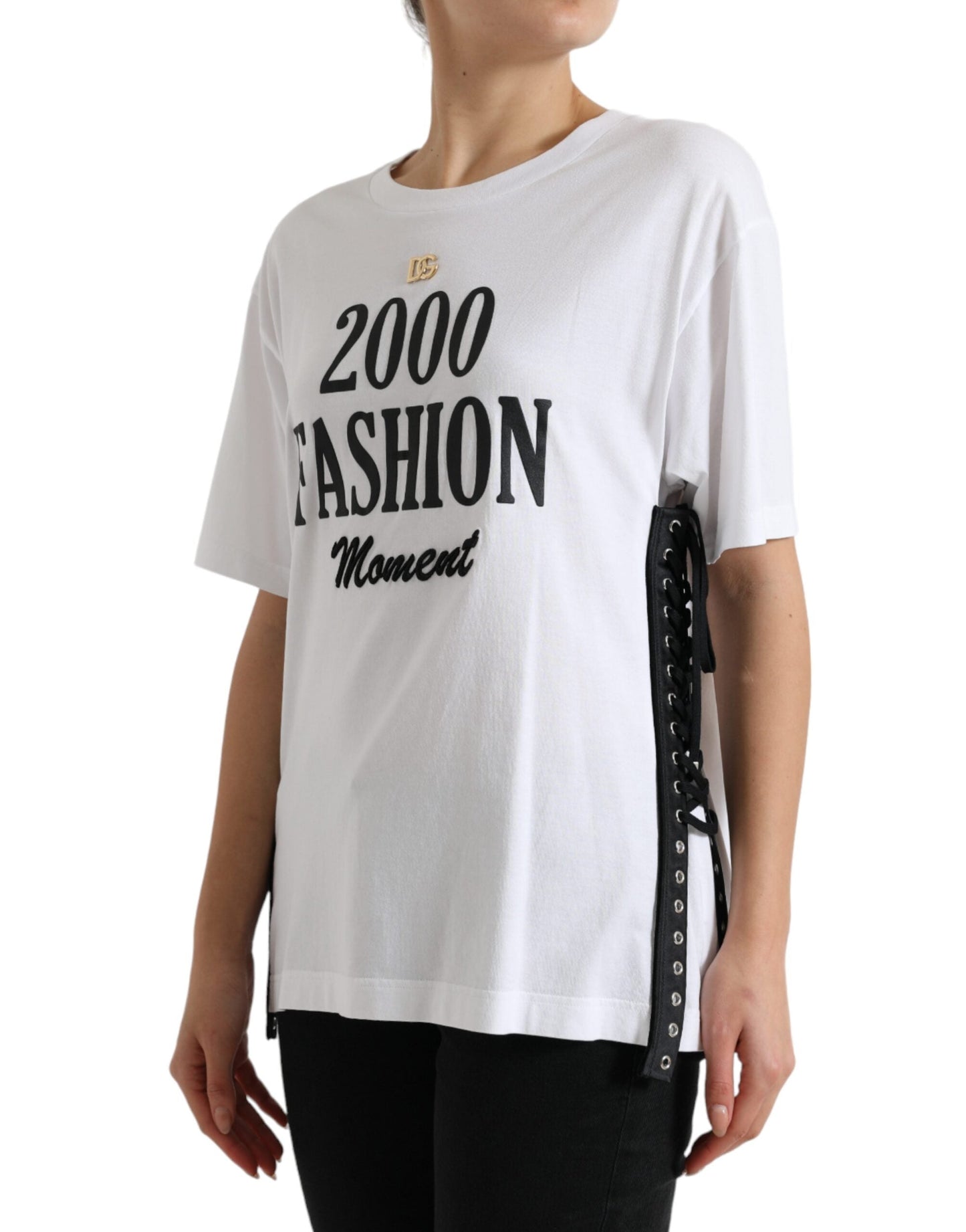 Dolce & Gabbana White Slogan Print Lacing Detailed Women's T-shirt