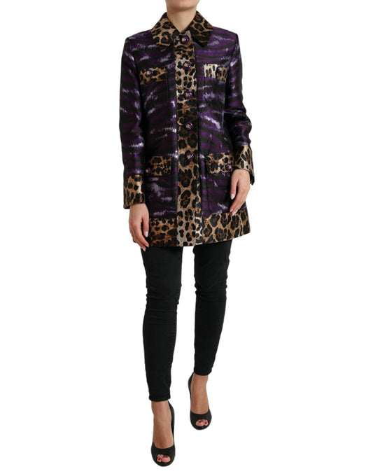 Dolce & Gabbana Purple Lam�� Jacquard Tiger Print Coat Women's Jacket